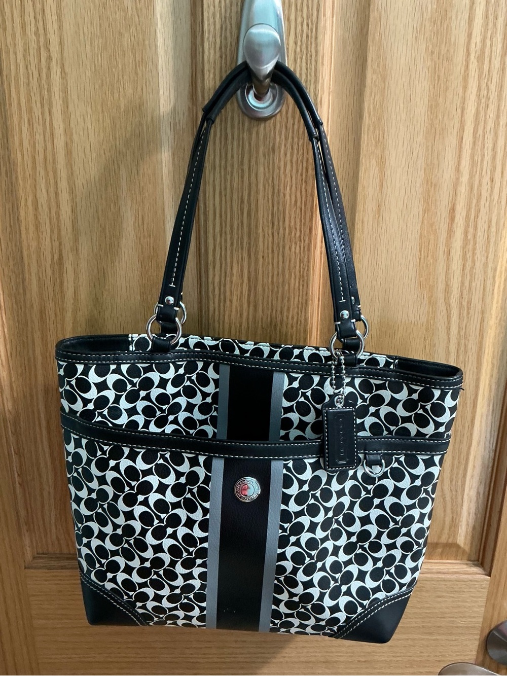 Coach Chelsea Black and White Heritage Stripe Tote Bag